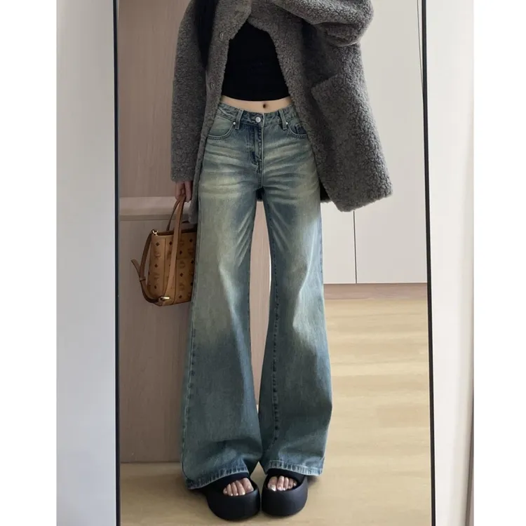 高个子加长美式复古不贴腿微喇牛仔裤女宽松显瘦直筒拖地喇叭裤子