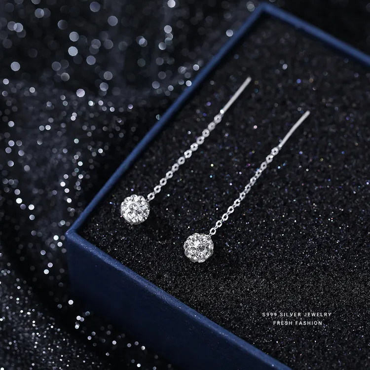 足银耳饰 满天星锆石流苏耳线999足银女养耳洞耳钉轻奢简约耳饰