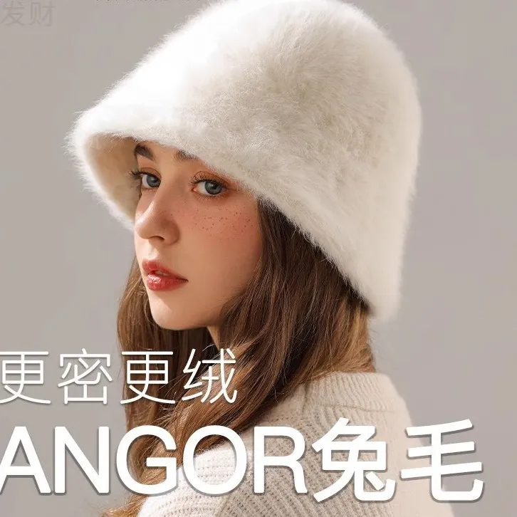女冬季大围真兔毛毛绒帽子冬天秋冬季盆帽遮脸显脸小水桶渔夫帽