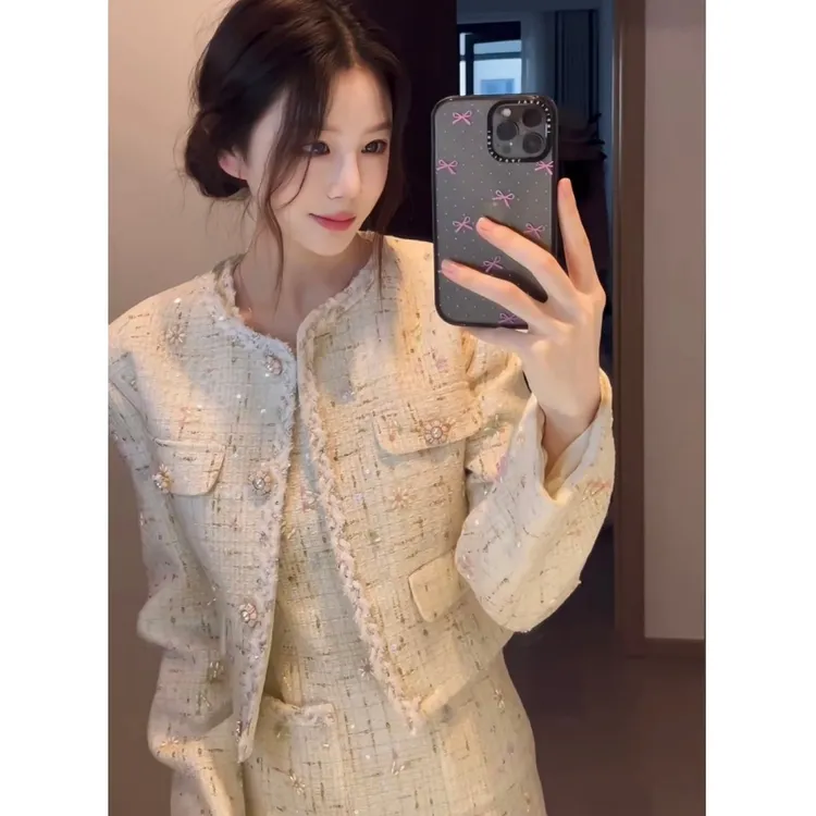 法式重工小香风粗花呢套装裙女秋季轻奢高级感短外套背心裙两件套