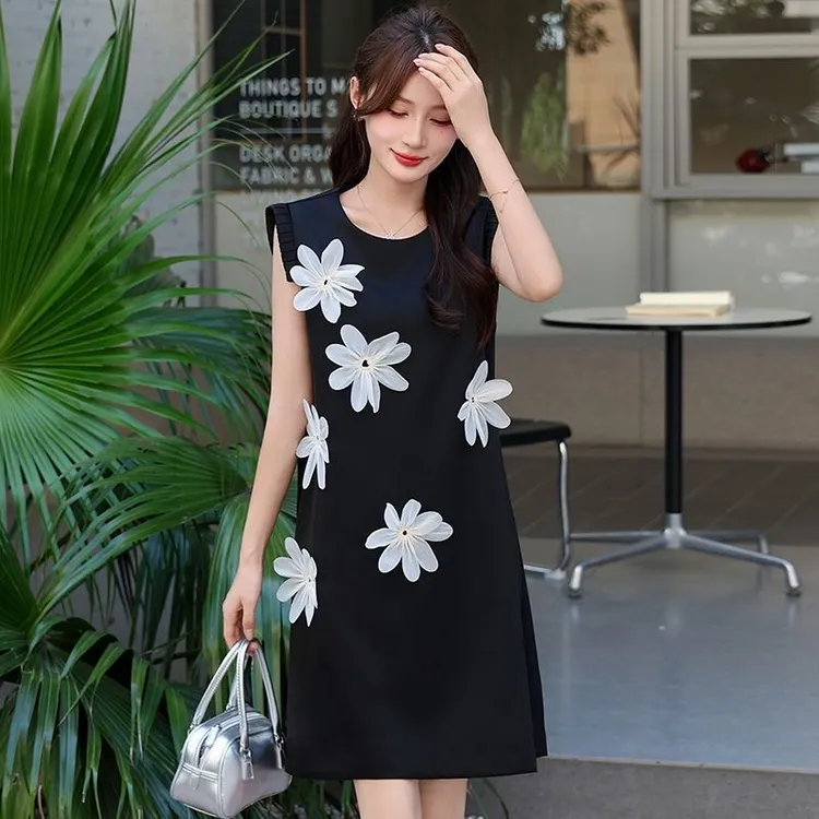 米夏季新款显瘦立体花朵气质淑女无袖背心连衣裙