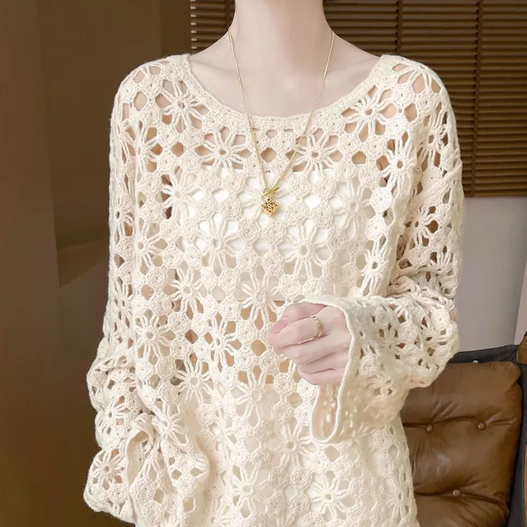 高级钩花镂空设计针织衫针织毛衣早秋新款长袖圆领宽松上衣罩衫