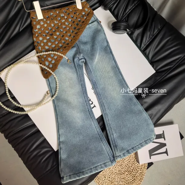 女童水洗复古牛仔喇叭裤秋冬季2025新款儿童宝宝加绒加厚保暖裤子