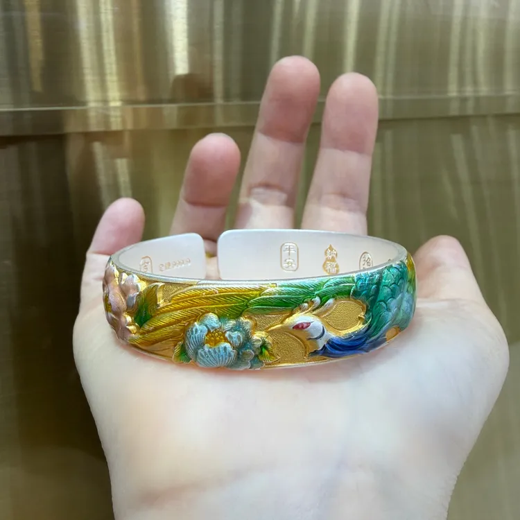 足银银制品 足银珐琅彩手镯999.9纯银描金凤栖牡丹银手镯国潮实心