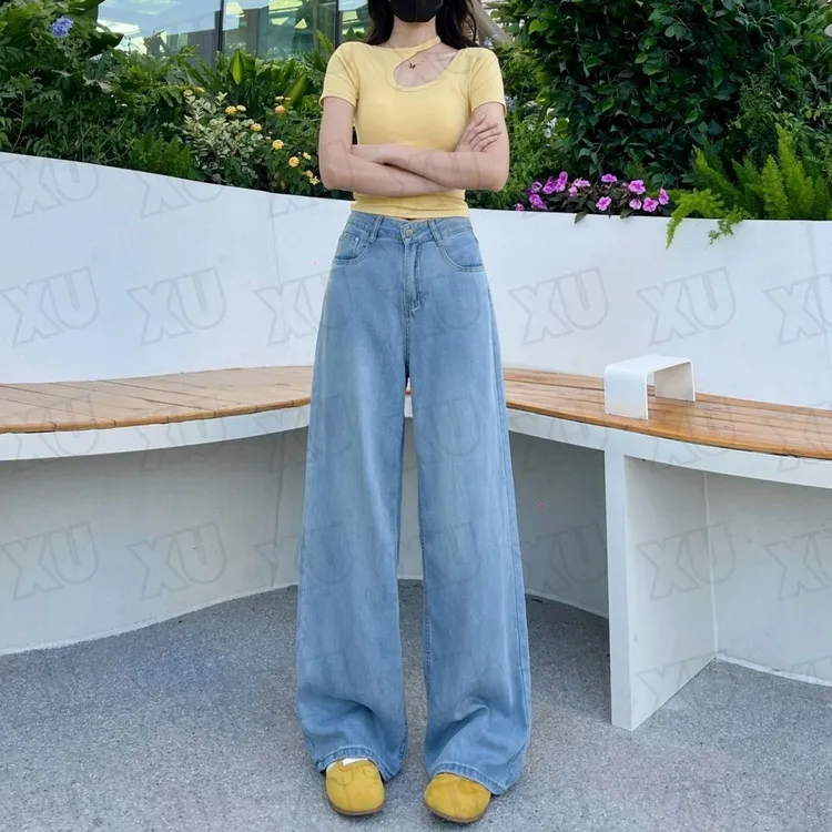 复古高腰浅蓝阔腿牛仔裤女美式夏季新款宽松显瘦设计感直筒拖地裤