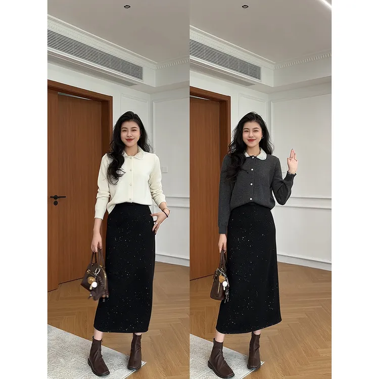 张阿星【精致出街】珍珠领百搭毛衣+亮闪高腰半裙W425X17951