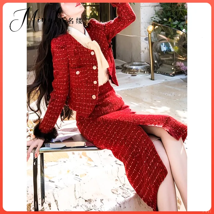 宴会礼服氛围感两件套女秋季高级感红色开衫半裙圆领时尚开叉包臀