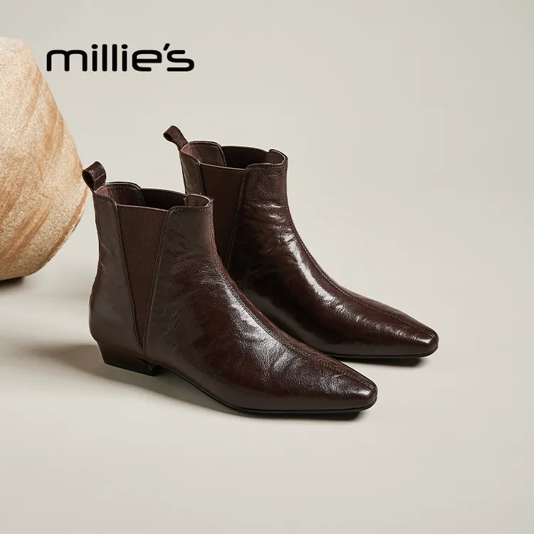 妙丽粗跟厚底短筒靴女2025冬季新款尖头真皮切尔西皮靴加绒烟筒靴