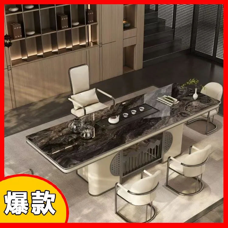 轻奢岩板茶台桌简约现代办公室茶台整套高级感阳台茶桌茶椅组合