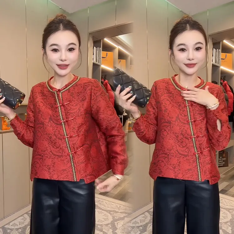 冬季新款斜襟小衫女国风复古新中式长袖上衣女轻奢百搭国风打底衫