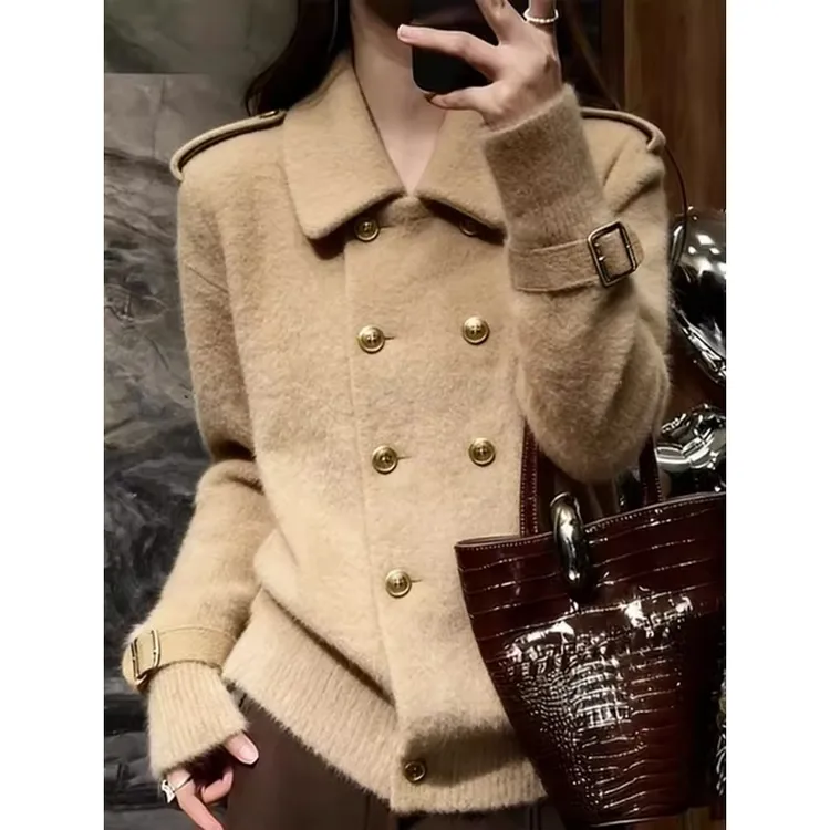 极简风翻领双排扣针织衫女2026新款长袖宽松时尚洋气毛衣保暖上衣