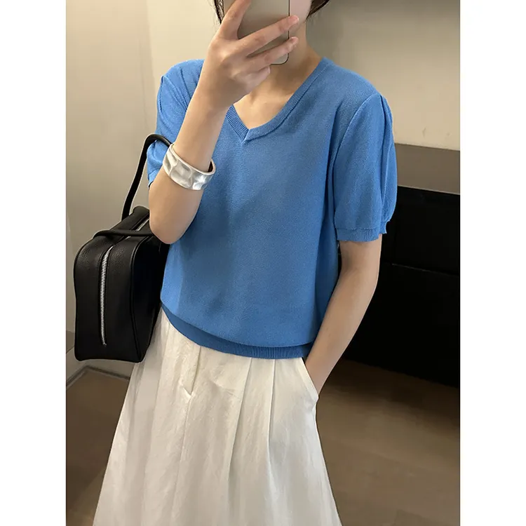 夏季显瘦V领针织衫短袖上衣薄款韩系高级感纯色设计感女性
