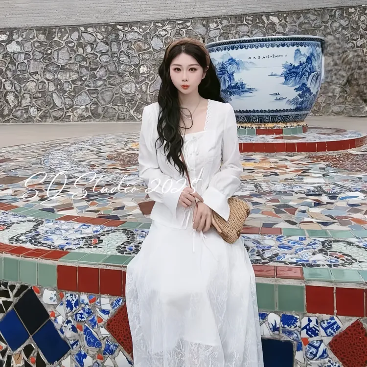 【纯白印记】小众薄款秋季长袖系带气质修身蕾丝衬衫--K991卡码拍小