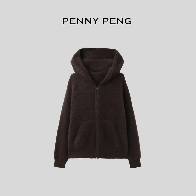PENNYPENG栗子可可黑标系列秋冬新品慵懒连帽狐狸绒拉链保暖开衫