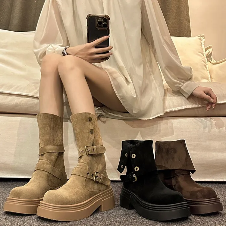 美拉德靴子女春秋棕色厚底两穿内增高小个子中筒靴马丁靴女款短靴