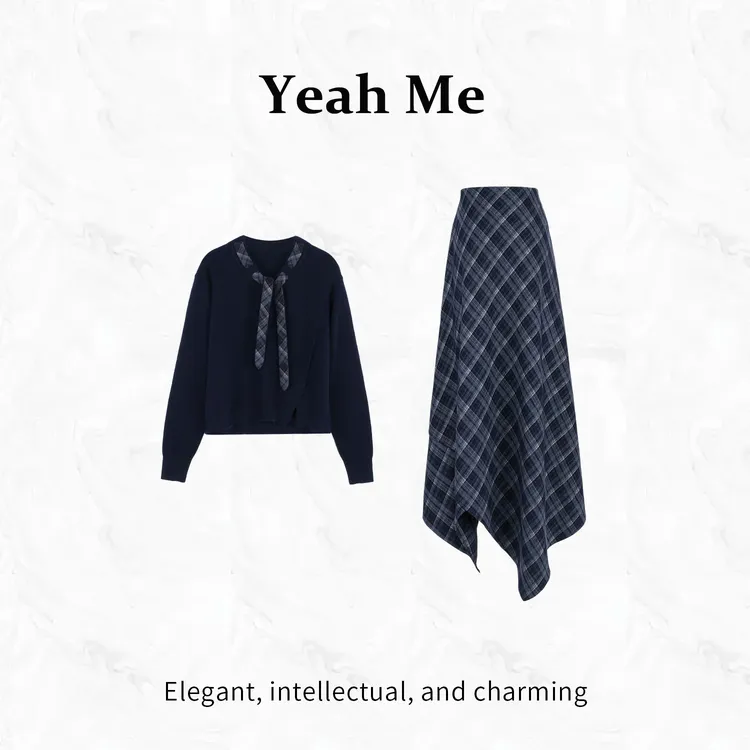 Yeah Me/也觅【雾拾黎明】秋季新款学院风慵懒感穿搭半身裙套装女装