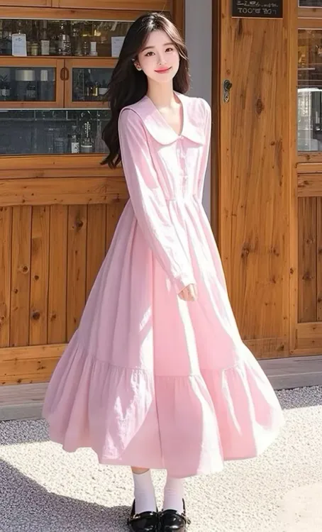 SS702今年流行2025新款嫩粉色长袖衬衫连衣裙松弛感清纯系出游
