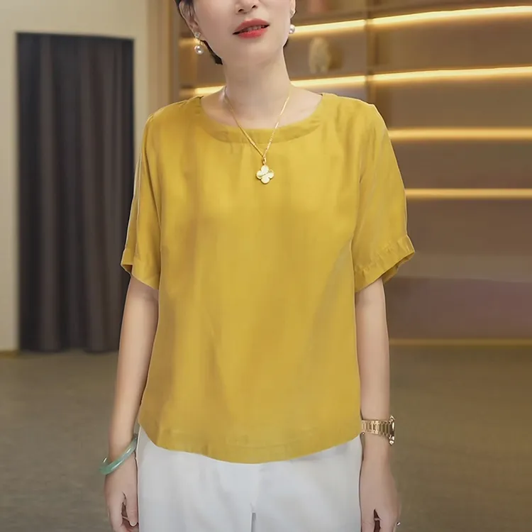 2025夏季新款黄色女士短袖T恤时尚减龄宽松显瘦短款正肩体恤上衣