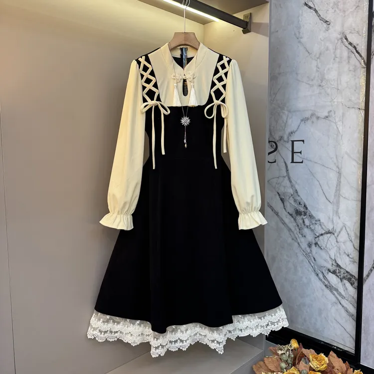 2025时尚轻奢法式蝴蝶结假两件设计感气质微胖显瘦大码连衣裙1823