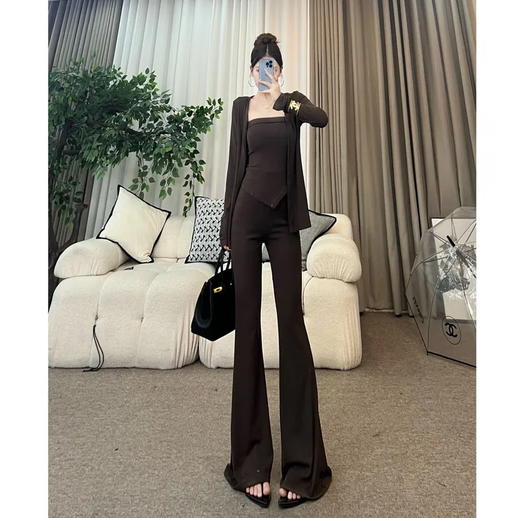 aDai【西野暮色】慵懒抹胸不规则上衣针织开衫微喇裤三件套T165