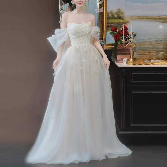 法式一字肩轻婚纱新娘结婚迎宾晨袍出门纱新款轻奢宴会抹胸晚礼服