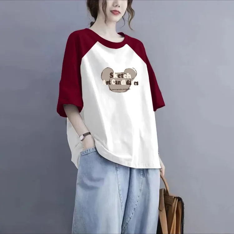 夏季新款胖妹妹大码宽松显瘦休闲遮肉百搭拼接短袖圆领纯棉T恤女