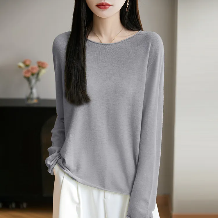 春秋新款圆领精纺羊毛衫薄款针织衫宽松百搭休闲显瘦套头打底衫女