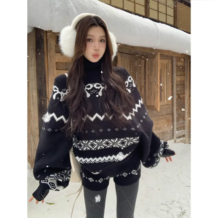 番茄妹妹Tomatosister 费尔岛高领毛衣外套针织上衣女短裤套装