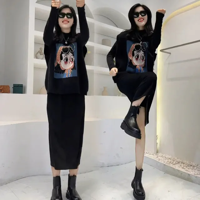 秋季新款圆领卡通减龄宽松百搭马甲时尚显瘦打底衫洋派半身裙套装