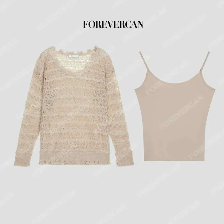 FOREVERCAN“杏织疏影”马海毛镂空罩衫吊带不规则破坏边上衣MY4678