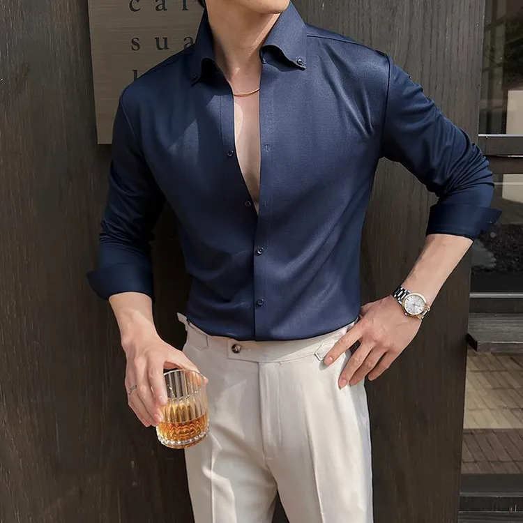 华夫格V领白衬衫男长袖高级感痞帅商务正装冰丝休闲法式免烫衬衣v