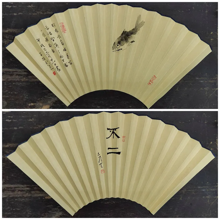 9.5寸16方2.0排口，仿古八大山人，手绘扇面