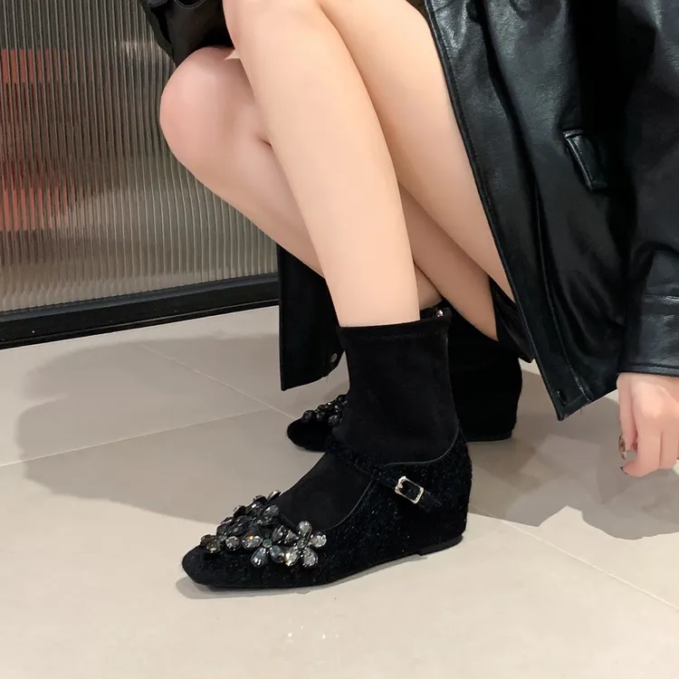 S内增高5cm加绒短靴方头后拉链单靴时装2025秋冬季新款袜靴女短靴