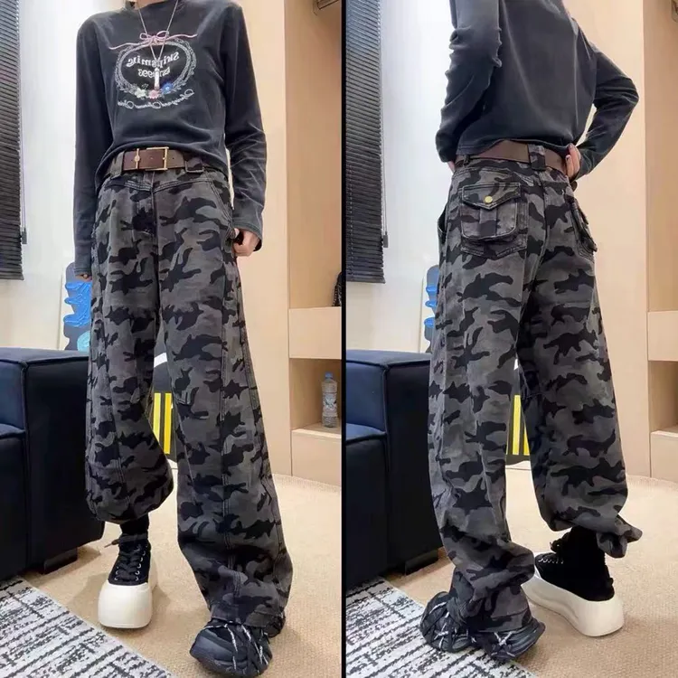 欧货高品质时尚迷彩牛仔裤女2025新款洋气百搭显瘦减龄休闲直筒裤