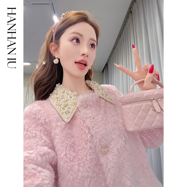 韩韩IU【洛丽情书】100羊毛皮毛一体手工钉珠抗风保暖秋冬皮草外套