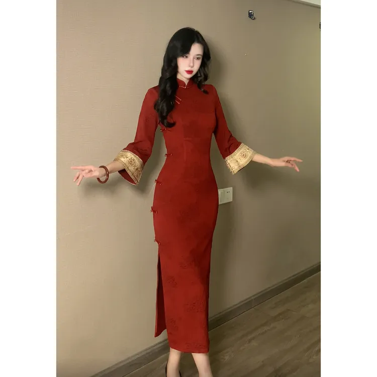 【红妆】玉簪记秋冬新款长袖国风酒红色气质优雅旗袍连衣裙
