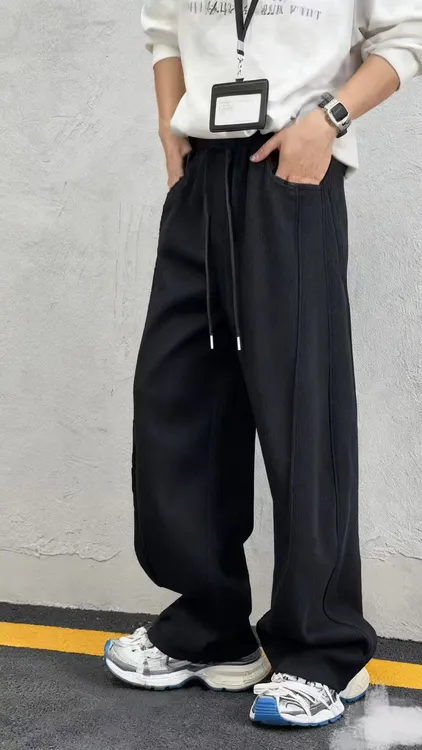 冬季加绒加厚美式弯刀空气层百搭透气阔腿直筒休闲棉感卫裤060