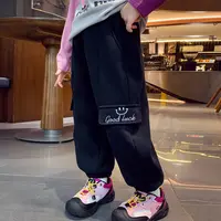 米米哈罗女童秋冬款时髦洋气休闲笑脸刺绣工装裤加绒长裤 Q25995