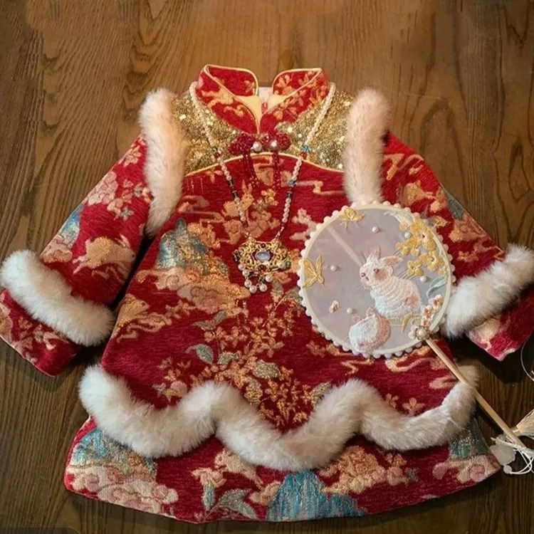 女0童冬装旗袍裙舒适加绒加厚裙中小0童拜年服周岁礼服汉服中国风
