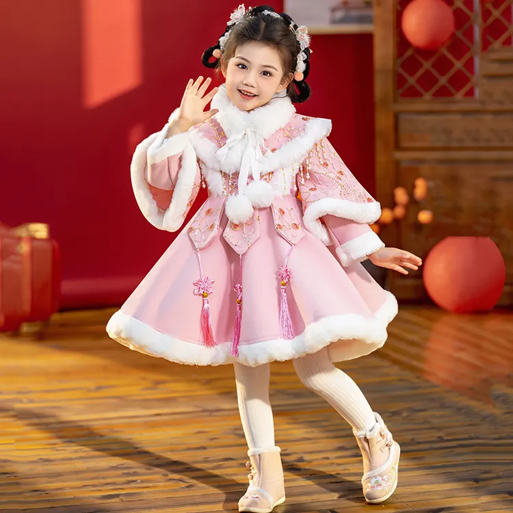 拜年服女童冬季女宝周岁唐装新款汉服旗袍裙加绒儿童过年喜庆衣服