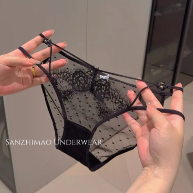 2025新款性感蕾丝网纱内裤女士镂空交叉细带三角裤纯欲女