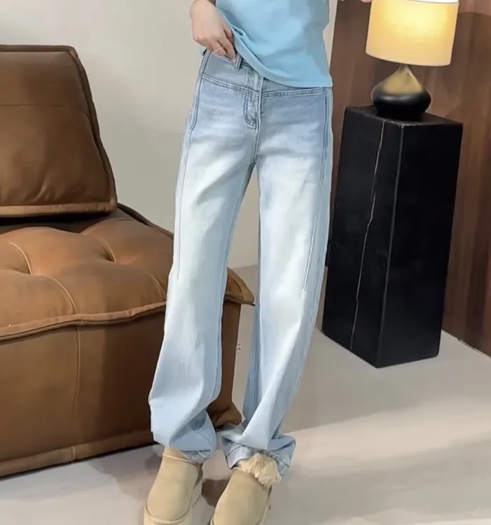 萱贝纯蓝色时尚高腰显瘦直筒牛仔裤女春秋新款宽松百搭阔腿拖地裤
