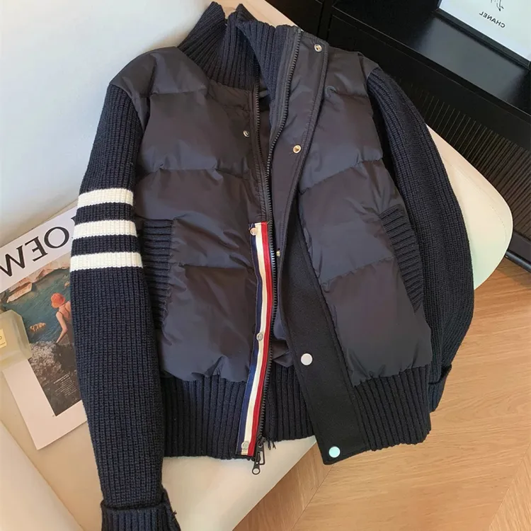 韩版时尚立领针织拼接三条杠棉服2025秋冬气质休闲百搭棒球服外套