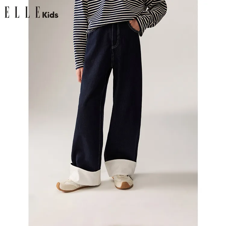 ELLE KIDS 法式经典脚口宽折边撞色线松弛感牛仔直筒裤复古宽松Q1