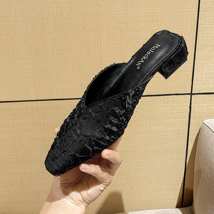 黑色百搭2025新款网红半托单鞋中跟软底高级感包头半拖穆勒鞋凉拖