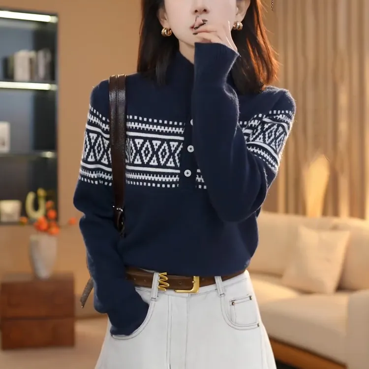 复古费尔岛毛衣女士秋冬新款慵懒风宽松显瘦半高领打底针织衫上衣