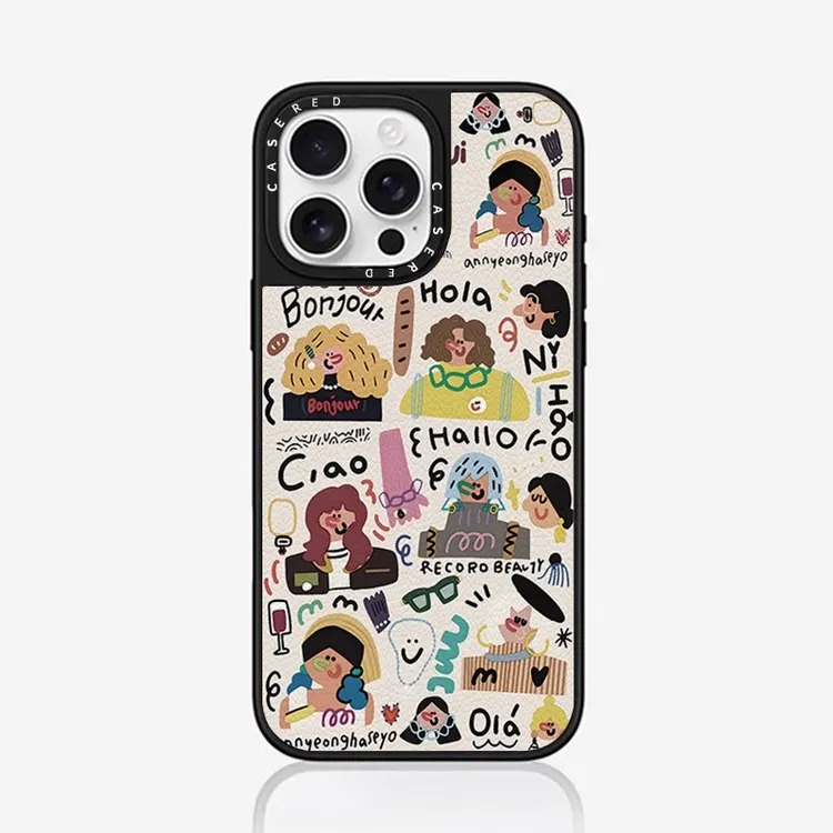 涂鸦女孩适用苹果16p手机壳15新款iphone14创意外壳13防摔小羊皮