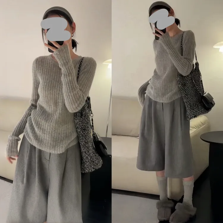 网红时尚炸街新款女装2025秋季长袖针织打底上衣显瘦七分裤套装女