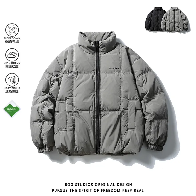 BGGStudios日系复古简约90白鸭绒立领羽绒服男潮牌宽松情侣面包服