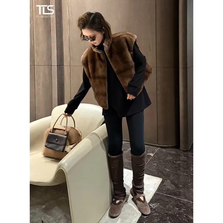 TT【挚爱】丹麦进口咖啡本色貂横排双面穿保暖皮草马甲PC5149